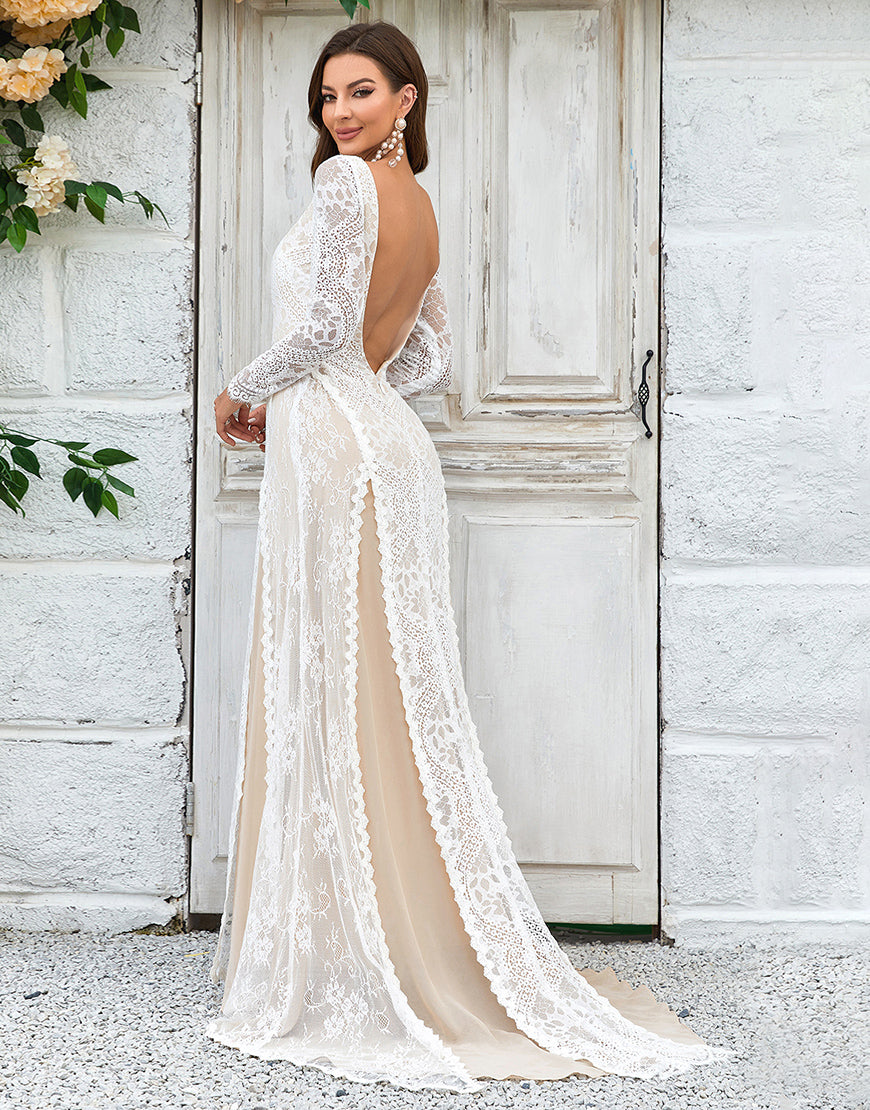 Luolandi Champagne Long Sleeves Lace Sweep Train Wedding Dress Open Back Sexy
