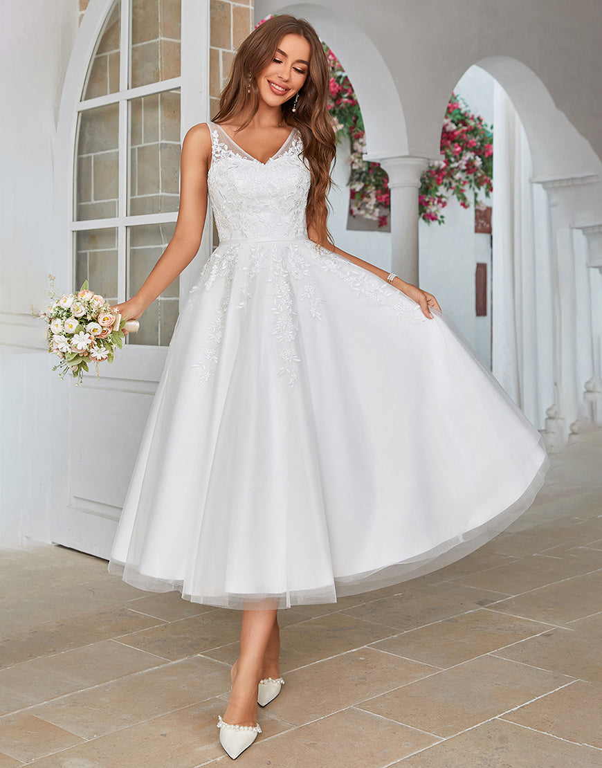 Luolandi Mid-Calf Tulle Wedding Dress with Lace Short Sexy
