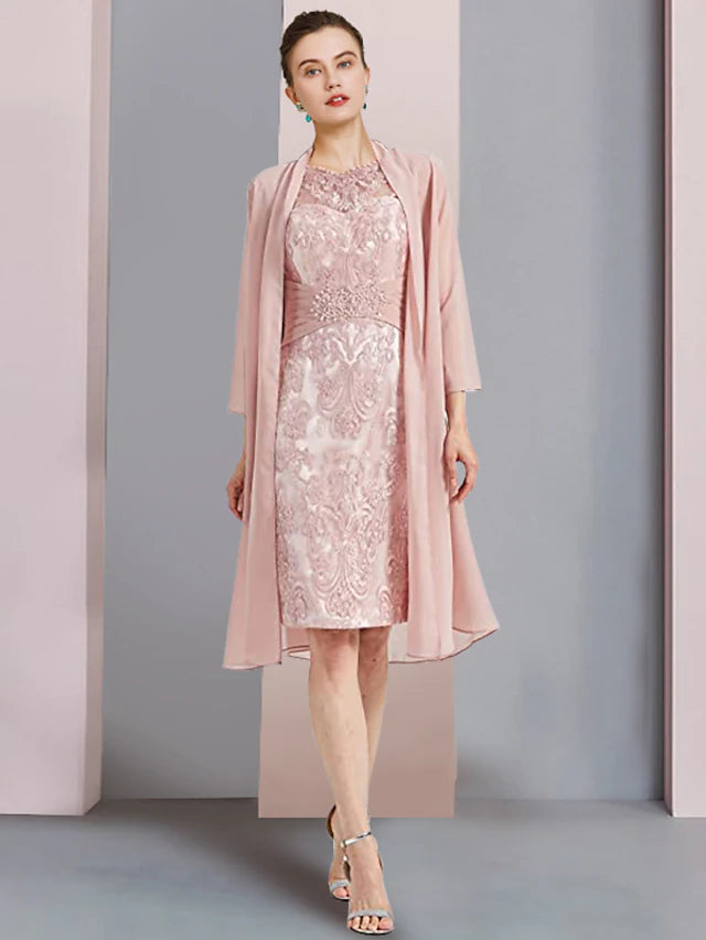 Luolandi Two Piece Sheath / Column Mother of the Bride Dress Formal Wedding Guest Elegant Scoop Neck Knee Length Chiffon Lace Sleeveless Jacket Dresses with Beading