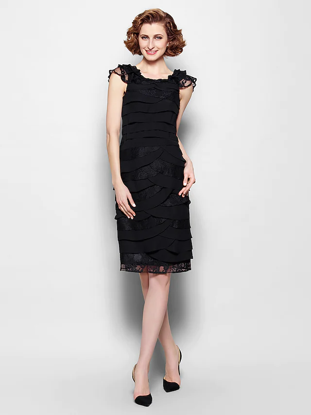 Luolandi Mother of the Bride Dress Little Black Dress Scoop Neck Knee Length Chiffon Lace Sleeveless with Lace