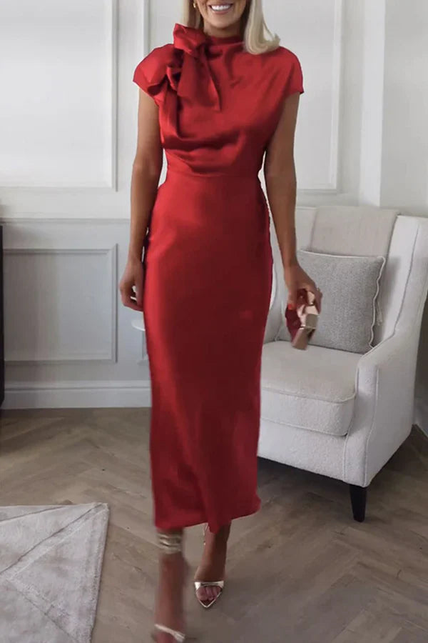 Luolandi Elegant solid color bandage half high collar sleeveless evening dress Red