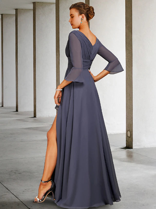 Luolandi A-Line Mother of the Bride Dress Elegant High Low V Neck Asymmetrical Floor Length Chiffon 3/4 Length Sleeve with Split