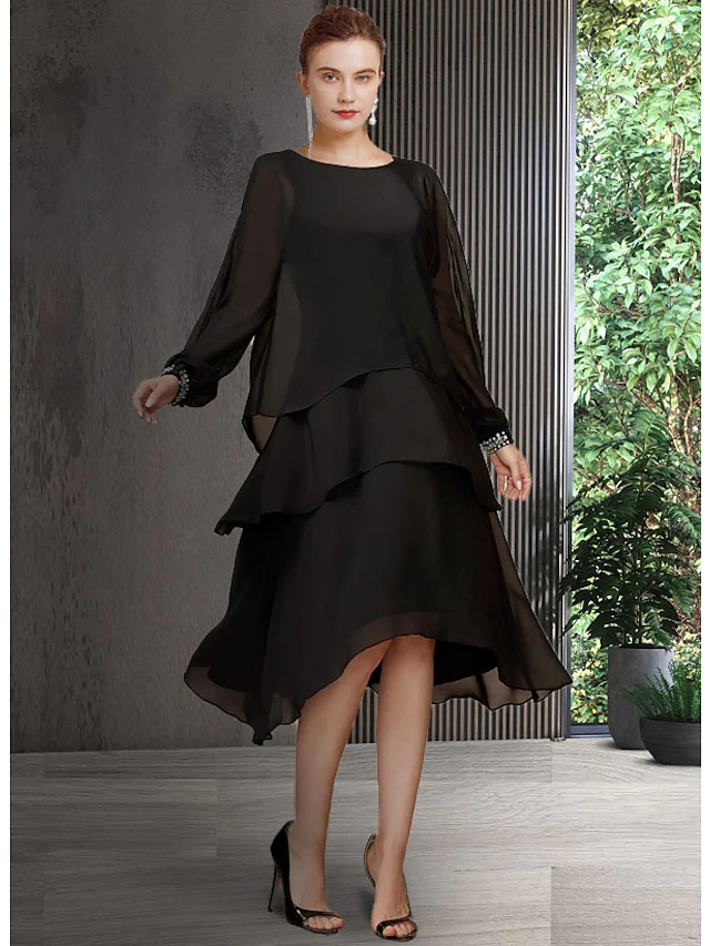 Luolandi A-Line Mother of the Bride Dress Elegant Jewel Neck Asymmetrical Chiffon Long Sleeve with Sequin Tier Black