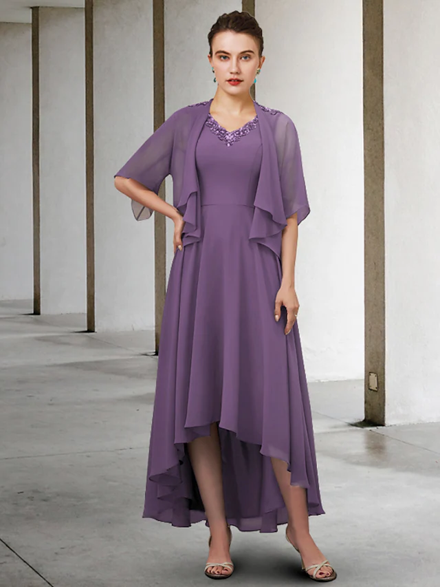 Luolandi Two Piece A-Line Mother of the Bride Dress Elegant V Neck Asymmetrical Chiffon Half Sleeve with Pleats Beautiful