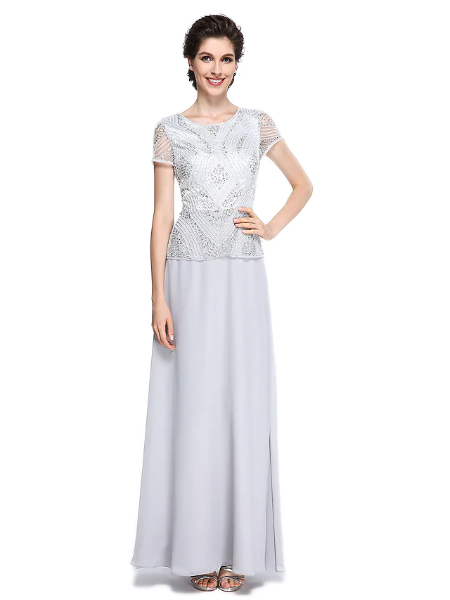 Luolandi Mother of the Bride Dress Jewel Neck Floor Length Chiffon Short Sleeve with Beading Sequin Silver