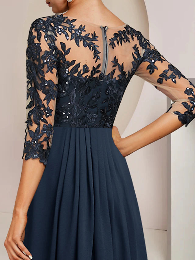 Luolandi A-Line Mother of the Bride Dress Wedding Guest Elegant High Low V Neck Ankle Length Chiffon Lace 3/4 Length Sleeve with Sequin