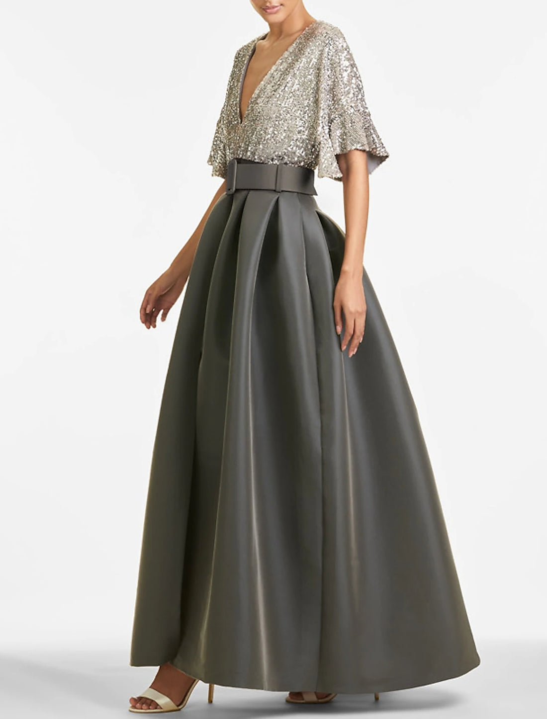 Luolandi A-Line Evening Gown Party Dress Sparkle & Shine Dress Formal Wedding Guest Ankle Length Half Sleeve V Neck