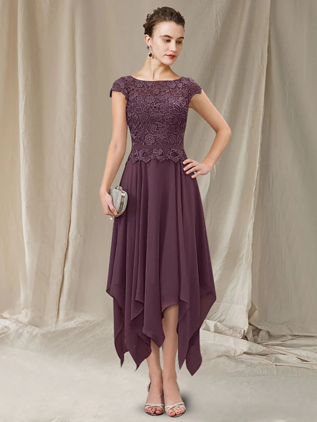 Luolandi A-Line Mother of the Bride Dress Elegant High Low Jewel Neck Asymmetrical Tea Length Chiffon Lace Short Sleeve