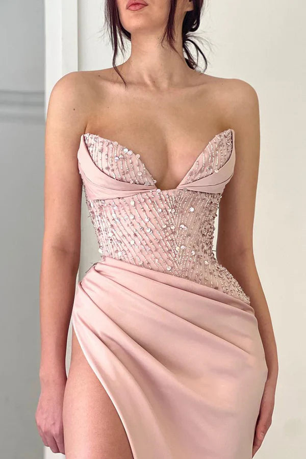 Luolandi Sexy V-neck high slit satin pleated long ball evening dress Sparkly