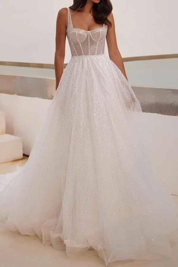 Luolandi Sequin A-shaped Sweetheart Thin Shoulder Strap Fantasy Wedding Dress Sparkly