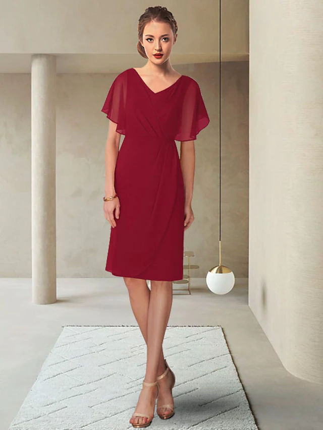 Luolandi Mother of the Bride Dress Elegant V Neck Knee Length Chiffon Short Sleeve with Ruching Burgundy