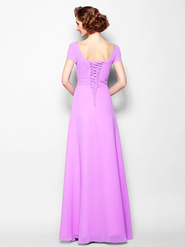 Luolandi A-Line Mother of the Bride Dress Lace Up Square Neck Floor Length Georgette Short Sleeve with Beading