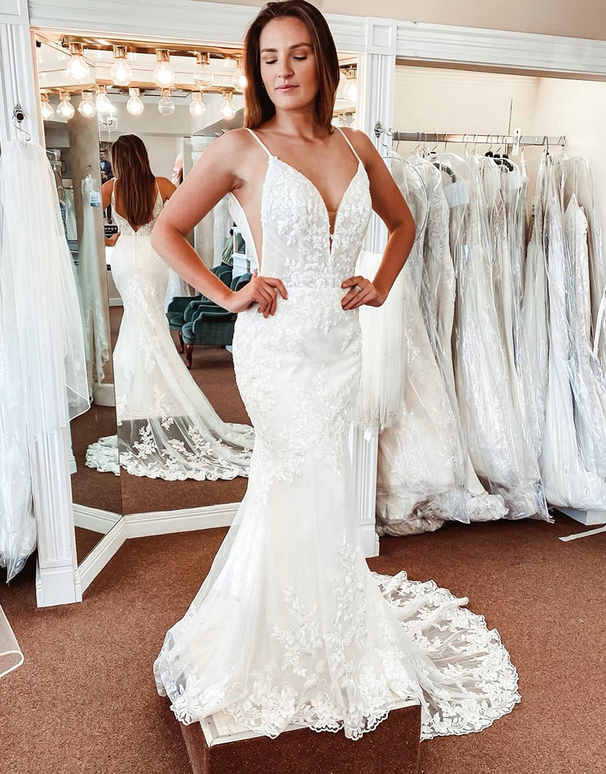 Luolandi Lace Mermaid Backless Long Wedding Dress V-neck Sexy