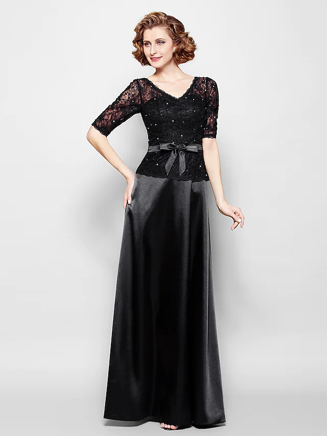 Luolandi Mother of the Bride Dress Elegant V Neck Floor Length Lace Satin Half Sleeve with Lace Bow(s)