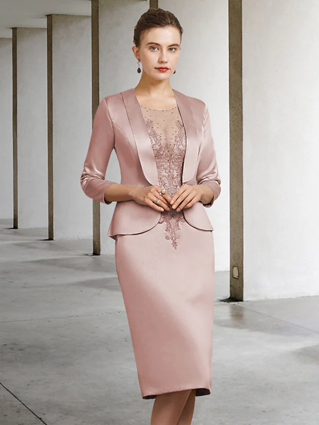 Luolandi Mother of the Bride Dress Elegant Jewel Neck Knee Length Lace Satin Length Sleeve with Appliques Dusty Rose