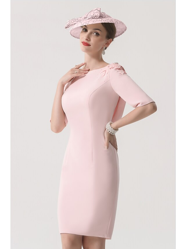 Luolandi Mother of the Bride Dress Elegant Jewel Neck Knee Length Satin Half Sleeve with Appliques Excluding Hat