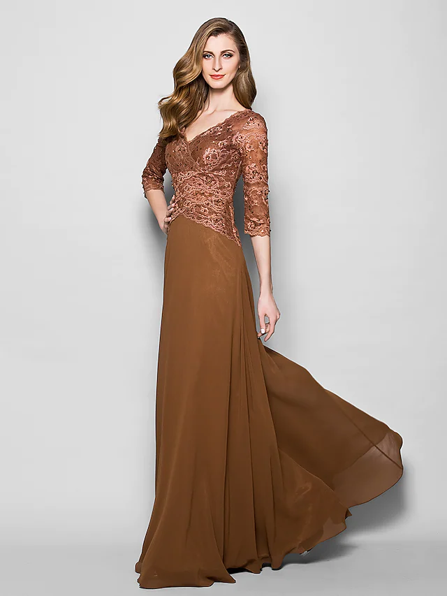 Luolandi A-Line Mother of the Bride Dress V Neck Floor Length Lace Georgette Length with Lace Beading Brown