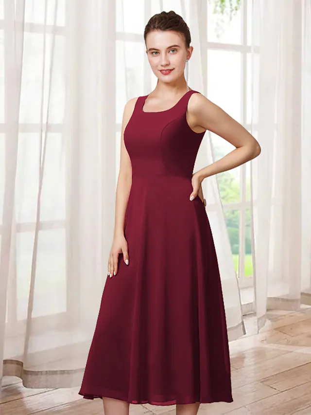 Luolandi Two Piece A-Line Mother of the Bride Dress Elegant Jewel Neck Tea Length Chiffon Lace 3/4 Length Sleeve with Appliques Burgundy