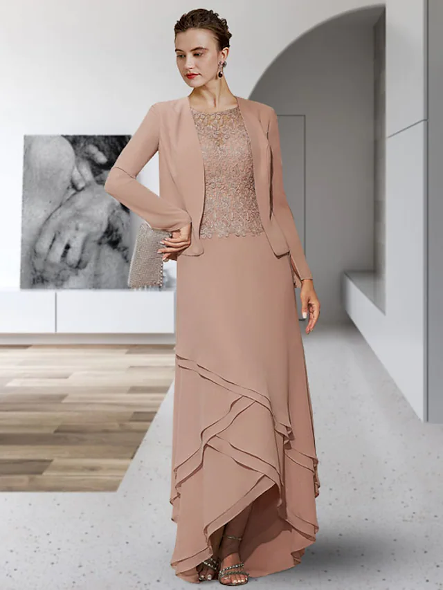 Luolandi Two Piece A-Line Mother of the Bride Dress Elegant Jewel Neck Asymmetrical Chiffon Lace Sleeveless with Appliques