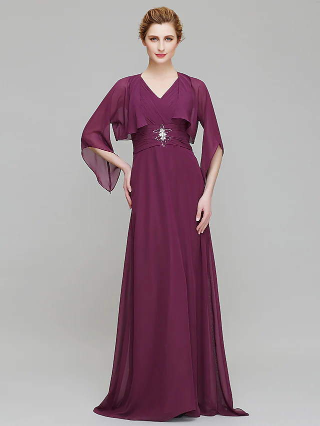 Luolandi Mother of the Bride Dress V Neck Floor Length Chiffon 3/4 Length Sleeve with Criss Cross Crystals Grape