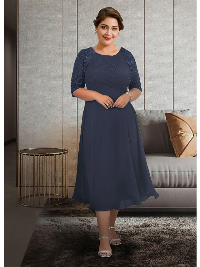 Luolandi A-Line Mother of the Bride Dress Plus Size Elegant Jewel Neck Tea Length Chiffon Lace Half Sleeve with Pleats Appliques Ruching Dark Navy