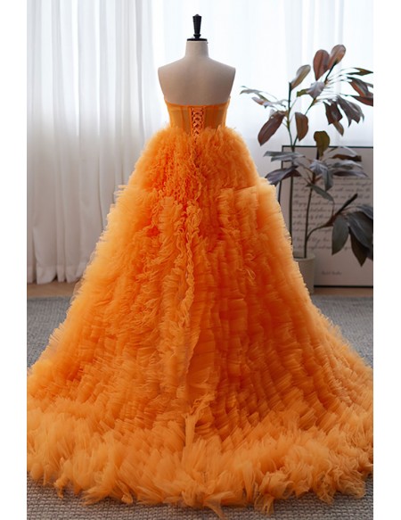 Luolandi Orange Ruffled High Low Puffy Prom Dress Ball Gown Off Shoulder With Slit