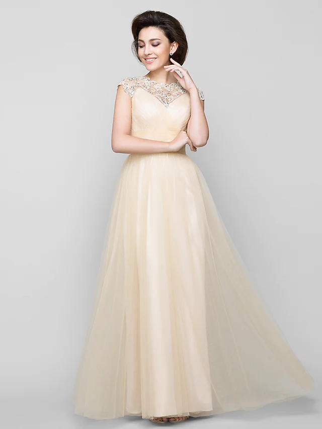 Luolandi A-Line Mother of the Bride Dress See Through Jewel Neck Floor Length Tulle Sleeveless with Beading Champagne