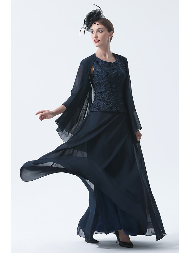 Luolandi Two Piece A-Line Mother of the Bride Dress Elegant Square Neck Floor Length Chiffon 3/4 Length Sleeve Dark Navy