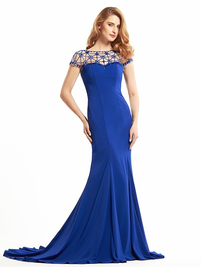Luolandi Mother of the Bride Dress Elegant Bateau Neck Jersey Short Sleeve with Beading Royal Blue