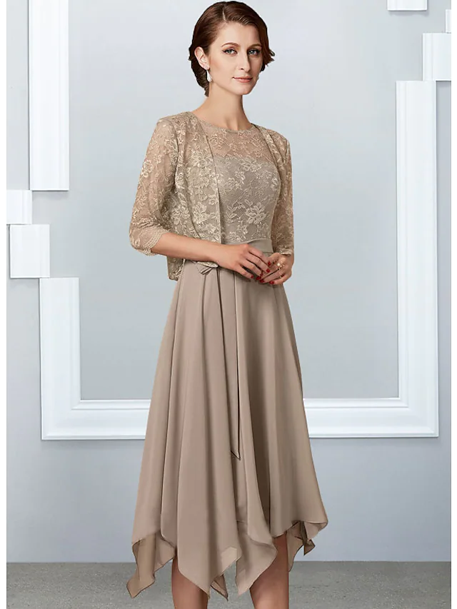 Luolandi A-Line Mother of the Bride Dress Elegant Jewel Neck Tea Length Chiffon Lace Half Sleeve with Pleats Khaki