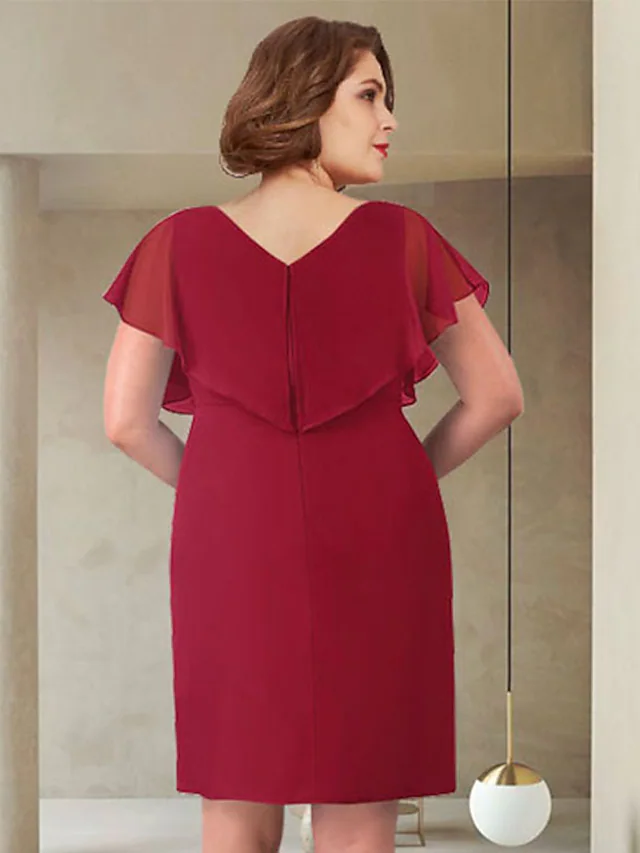 Luolandi Mother of the Bride Dress Elegant V Neck Knee Length Chiffon Short Sleeve with Ruching Burgundy