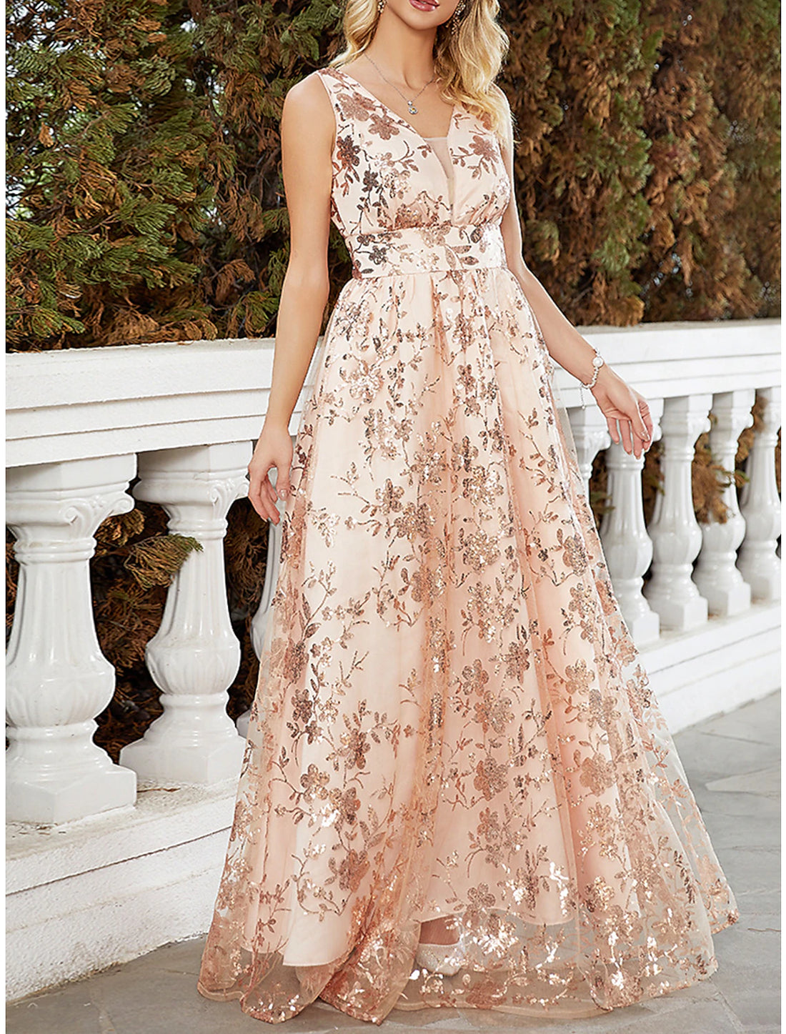 Luolandi Party Dress Sequin Dress Wedding Guest Dress Long Dress Maxi Dress Light Yellow Sleeveless Floral Sequins Spring Fall Winter V Neck Fashion Winter Dress