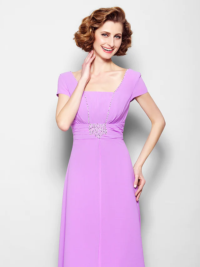 Luolandi A-Line Mother of the Bride Dress Lace Up Square Neck Floor Length Georgette Short Sleeve with Beading