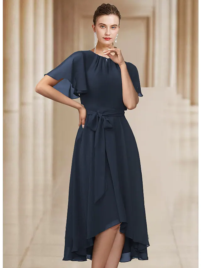 Luolandi A-Line Mother of the Bride Dress Elegant Jewel Neck Asymmetrical Chiffon Short Sleeve with Bow(s) Pleats Dark Navy