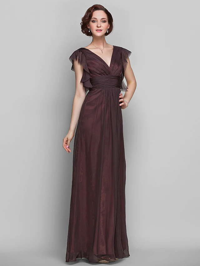 Luolandi Mother of the Bride Dress Beautiful Back V Neck Floor Length Chiffon Short Sleeve with Criss Cross Ruched Draping Pure Color