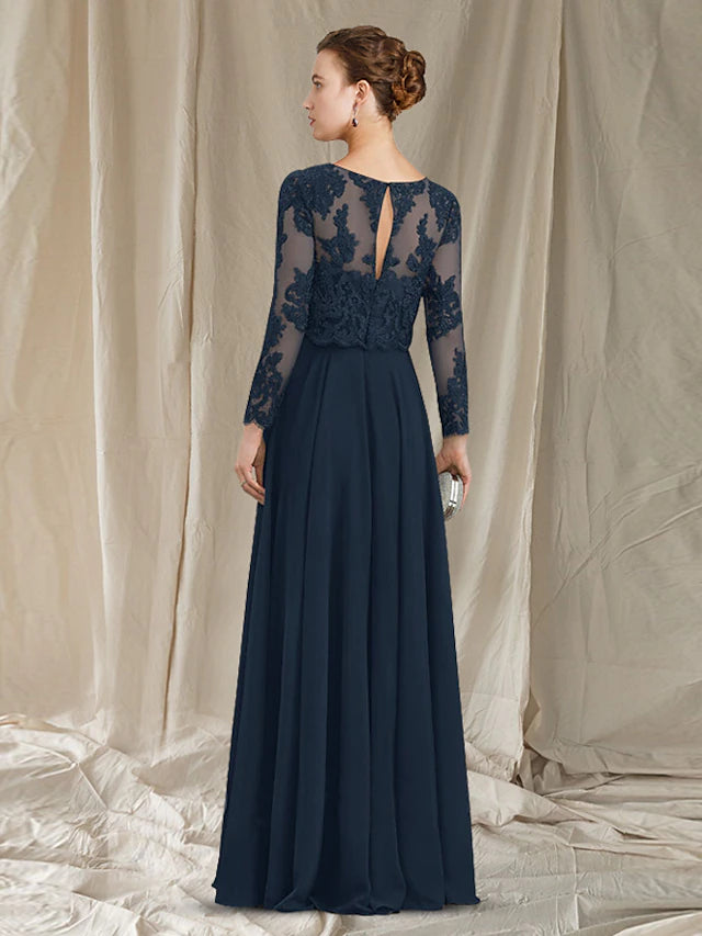 Luolandi A-Line Mother of the Bride Dress Elegant Jewel Neck Floor Length Chiffon Lace Long Sleeve