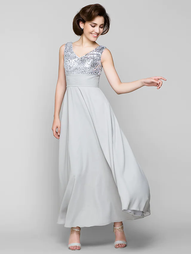 Luolandi A-Line Mother of the Bride Dress Sparkle & Shine Bateau Neck Ankle Length Chiffon Sleeveless with Sash Ribbon