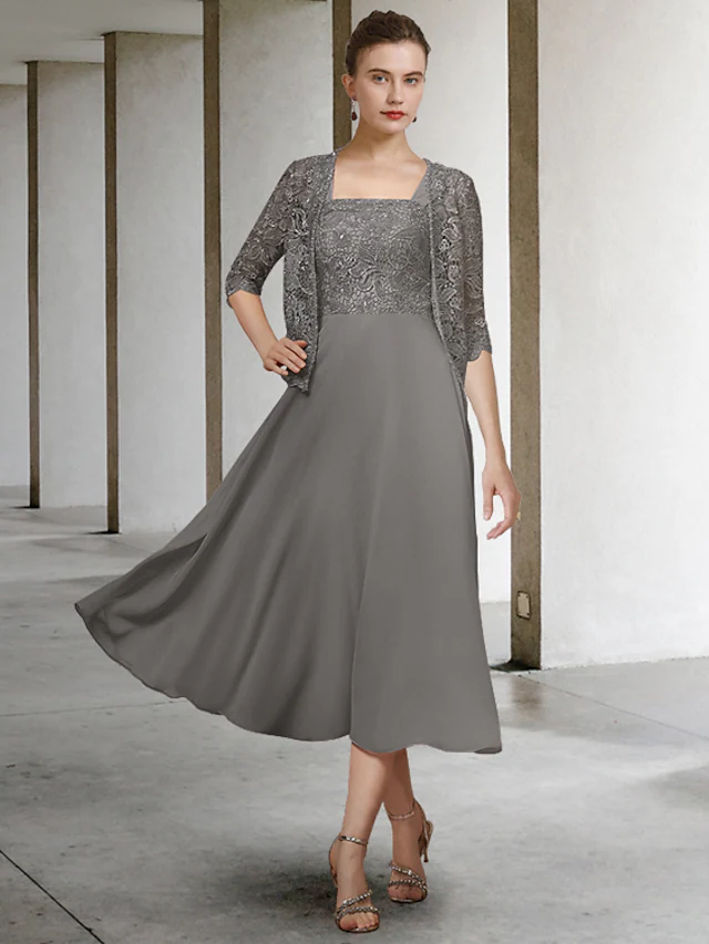 Luolandi Two Piece A-Line Mother of the Bride Dress Elegant Scoop Neck Floor Length Chiffon Lace Half Sleeve with Appliques