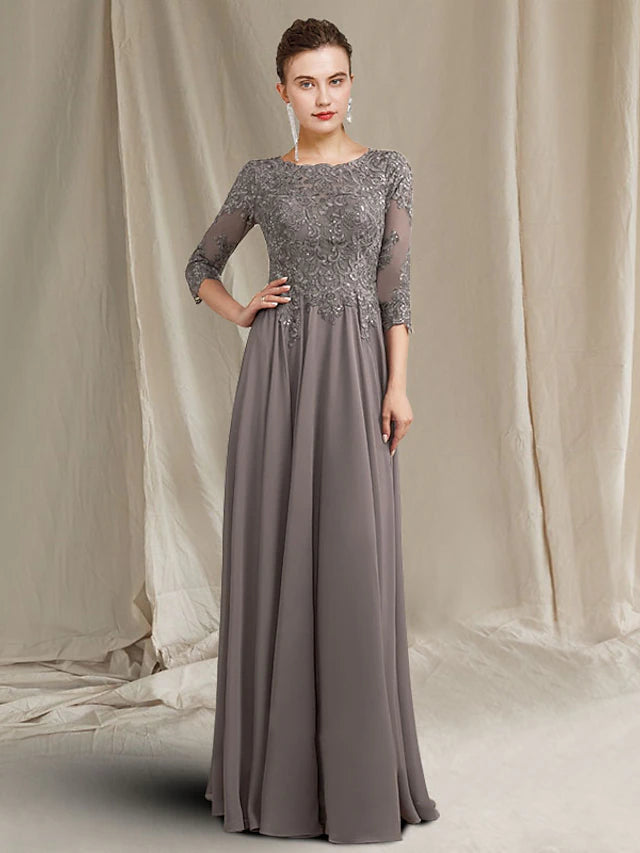 Luolandi Sheath / Column Mother of the Bride Dress Plus Size Elegant Jewel Neck Floor Length Chiffon Lace 3/4 Length Sleeve with Pleats