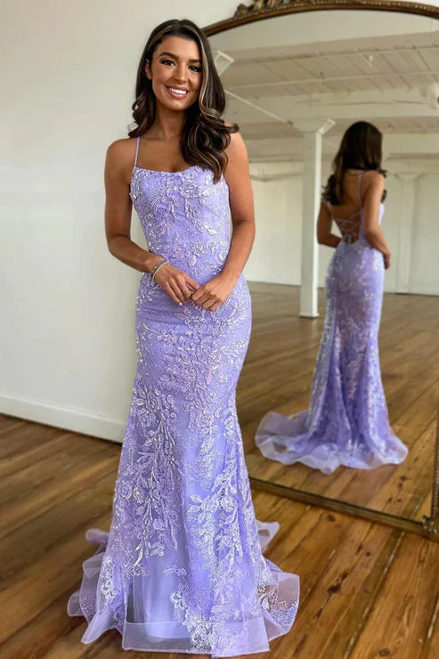 Luolandi Mermaid Scoop Neck Lilac Sequin Lace Long Prom Dresses Sparkly Evening Dress