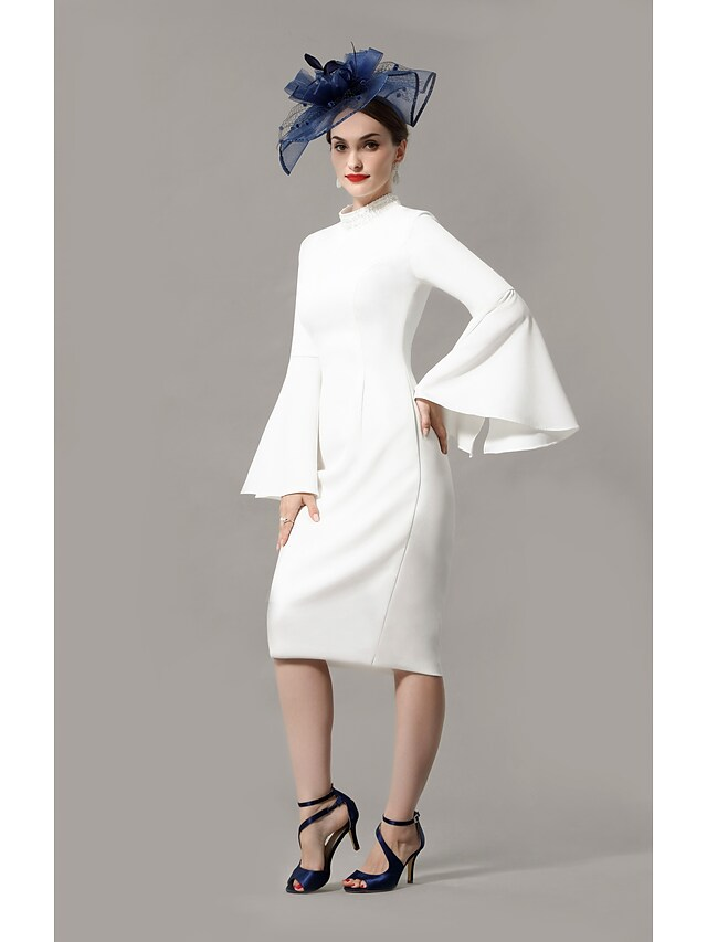 Luolandi Mother of the Bride Dress Wrap Included High Neck Knee Length Jersey 3/4 Length Sleeve with Crystals Ivory