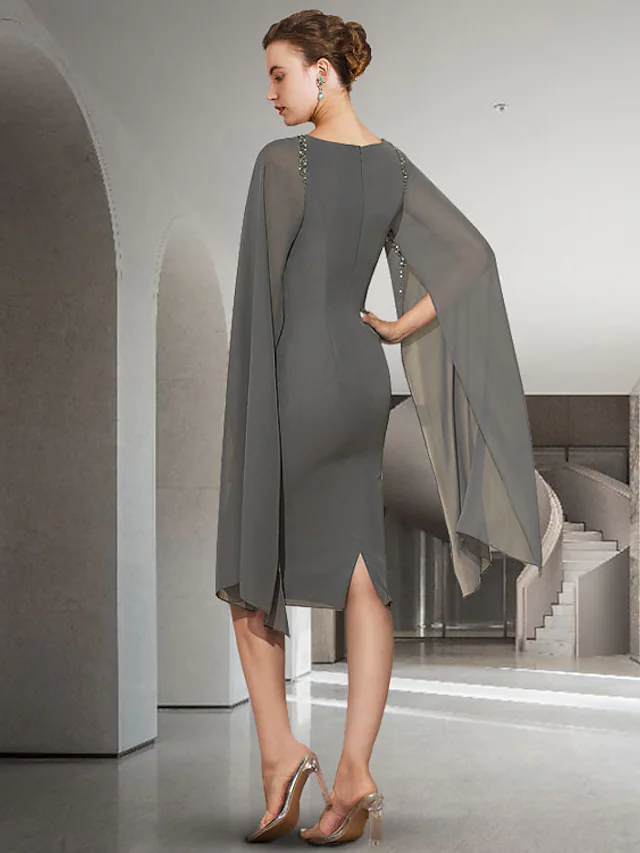 Luolandi Mother of the Bride Dress Elegant Jewel Neck Knee Length Chiffon Long Sleeve with Beading Charcoat Gray