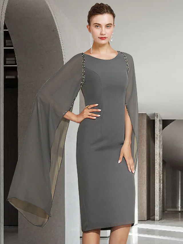 Luolandi Mother of the Bride Dress Elegant Jewel Neck Knee Length Chiffon Long Sleeve with Beading Charcoat Gray