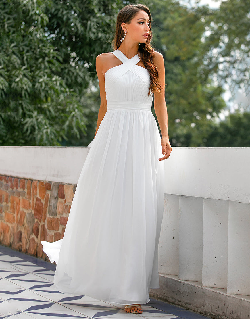 Luolandi Ruffle Cross V-neck Dress Wedding Dresses Floor Length Pure Color