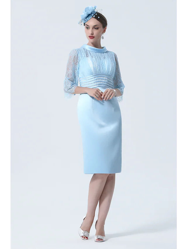 Luolandi Sky Blue Mother of the Bride Dress See Through Jewel Neck Knee Length Charmeuse Half Sleeve with Lace Excluding hat