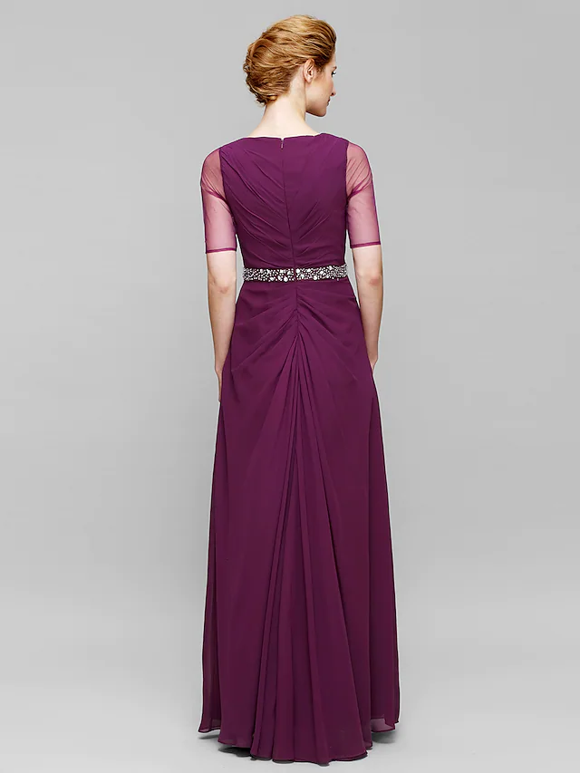 Luolandi Mother of the Bride Dress Elegant Bateau Neck Floor Length Chiffon Tulle Half Sleeve with Beading Grape