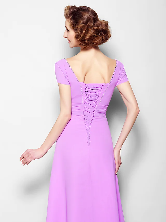 Luolandi A-Line Mother of the Bride Dress Lace Up Square Neck Floor Length Georgette Short Sleeve with Beading