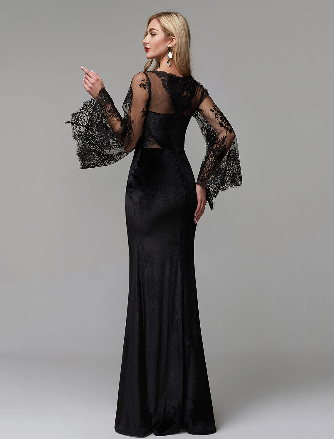 Luolandi Sheath / Column Elegant Dress Wedding Guest Floor Length Long Sleeve Illusion Neck Lace