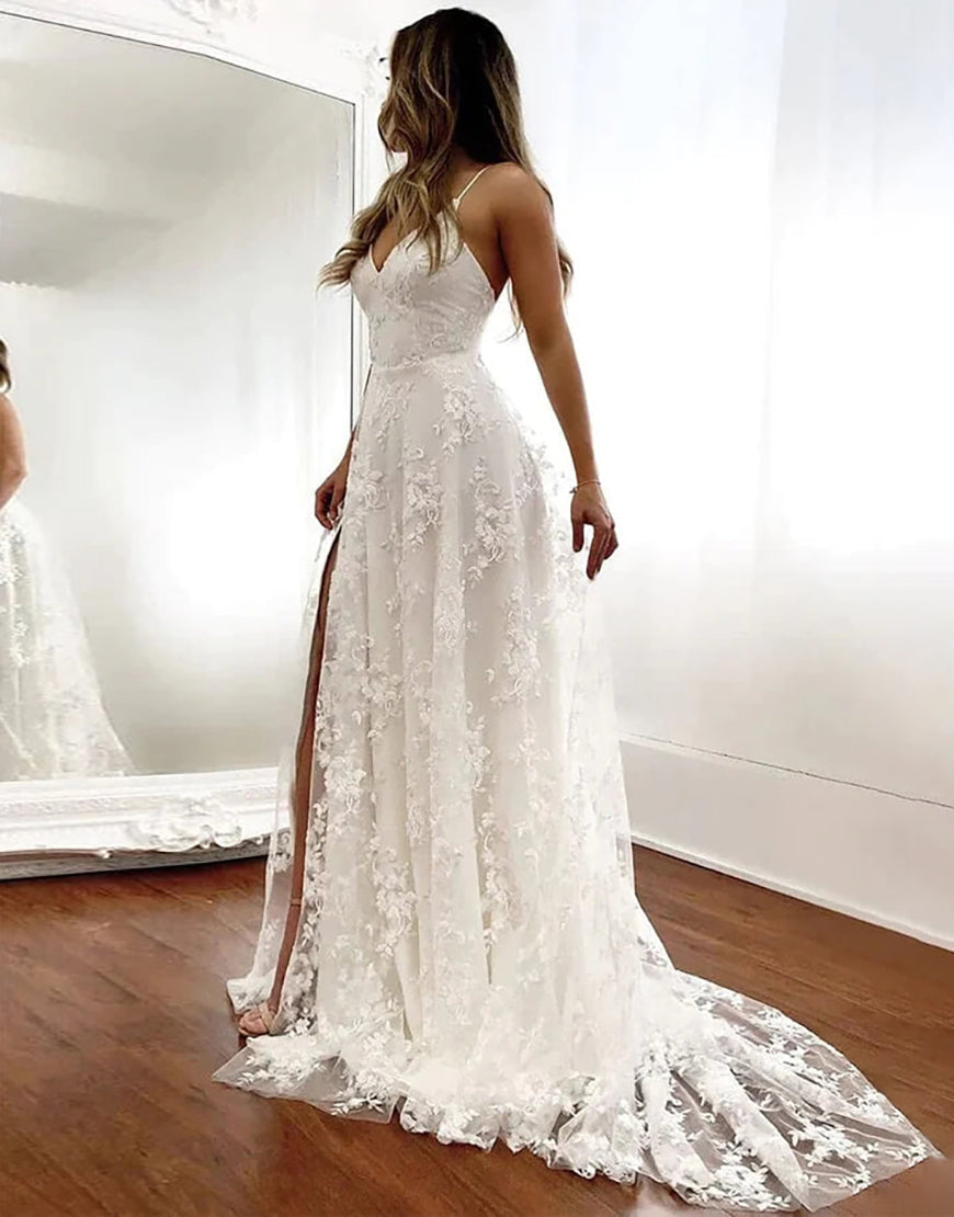 Luolandi Elegant Beach A Line Spaghetti Straps Lace Open Back Long Wedding Dress With Slit
