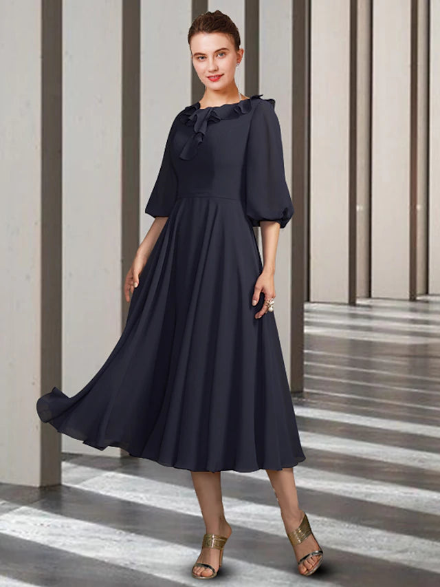 Luolandi A-Line Mother of the Bride Dress Elegant Jewel Neck Tea Length Chiffon Half Sleeve with Pleats